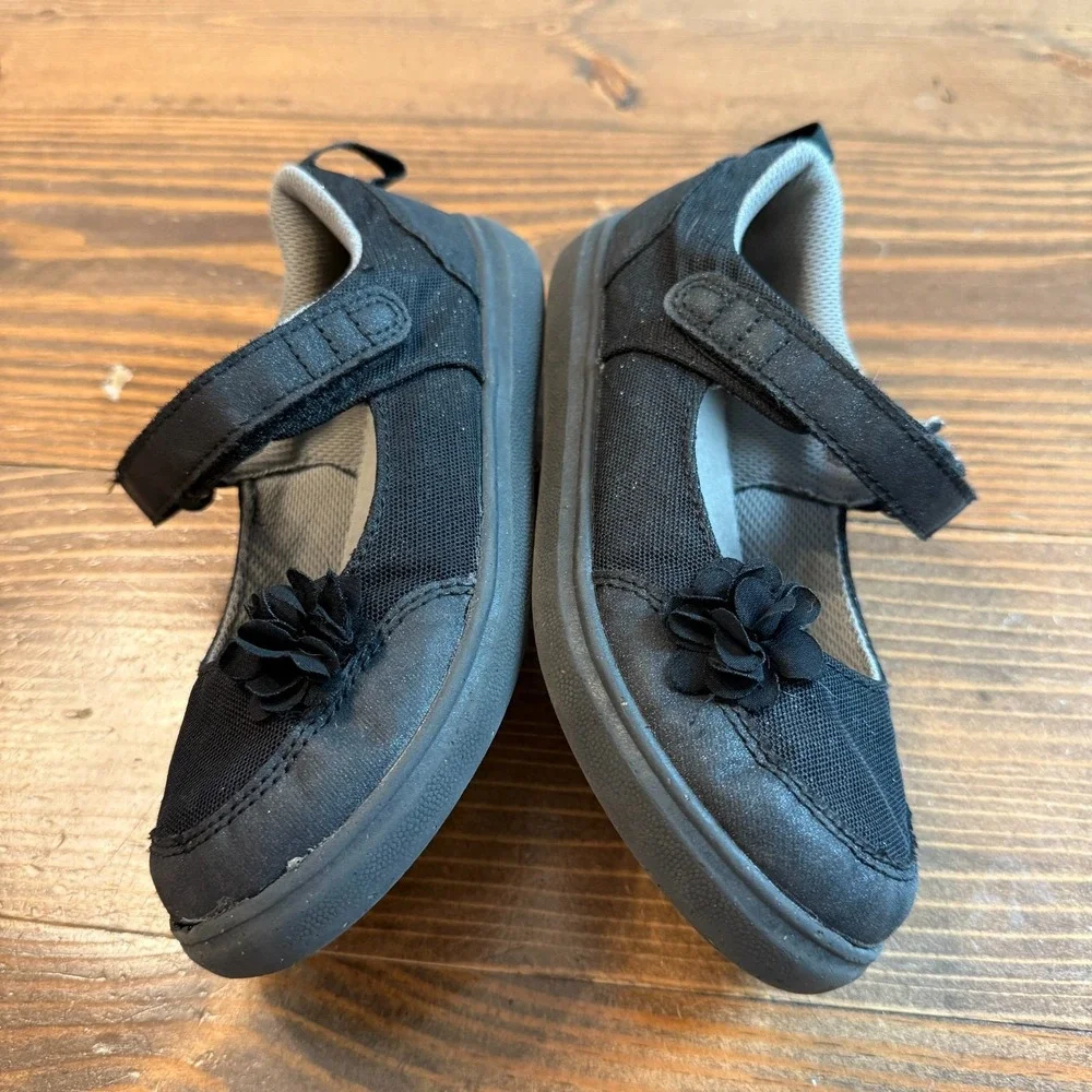 Stride Rite‎ Mary Jane Shoes Gemma Girls Size 13 Black Cloth Flower Hook & Loop